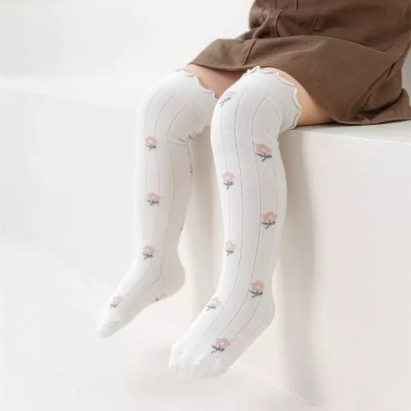 Kaus kaki hangat untuk anak perempuan, kaus kaki panjang setinggi lutut motif bunga Korea musim semi musim gugur, kaus kaki hangat untuk bayi balita baru lahir dan musim dingin
