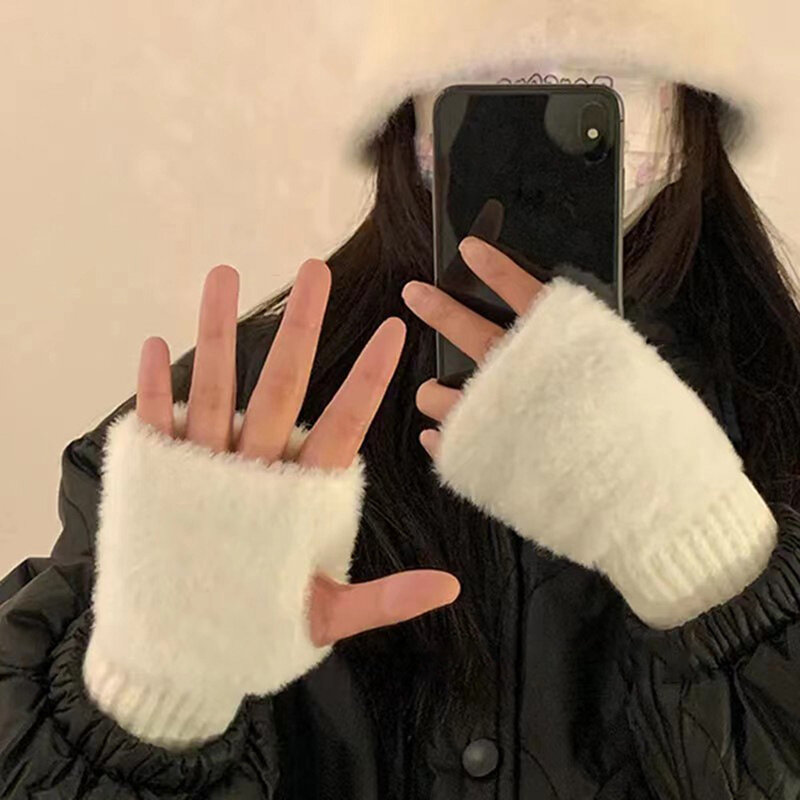 H.Aic S Winter Mink Fleece Zachte Handschoenen Vrouwen Luxe Stevige Warme Vingerloze Handschoenen Wit Pluche Gebreide Pols Wanten