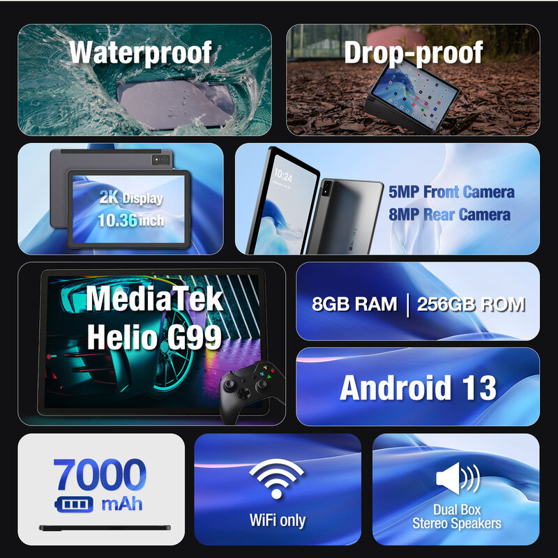 子供用防水タブレット,Android 13,7000 mAhバッテリー,8GB, 256GB,mtk g99