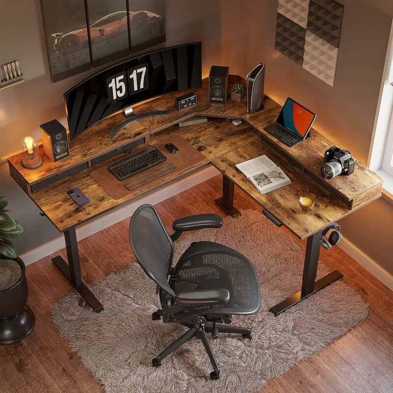 Escritorio de pie en forma de FEZIBO-L con 4 cajones, escritorio para juegos, altura ajustable, soporte de esquina 63 in