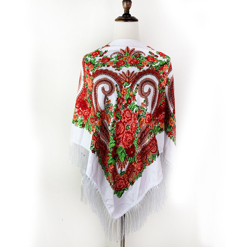 여성용 러시아 국가 사각 스카프, 우크라이나 꽃 패턴, 프린지 반다나 숄, 바부시카 히잡 헤드 랩, 135x135cm
