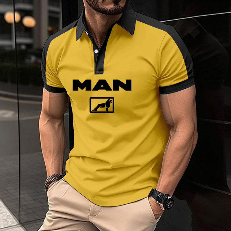 Polo informal para hombre, camiseta de retazos de color de negocios con botones de solapa, top de manga corta con estampado de camión, nueva moda