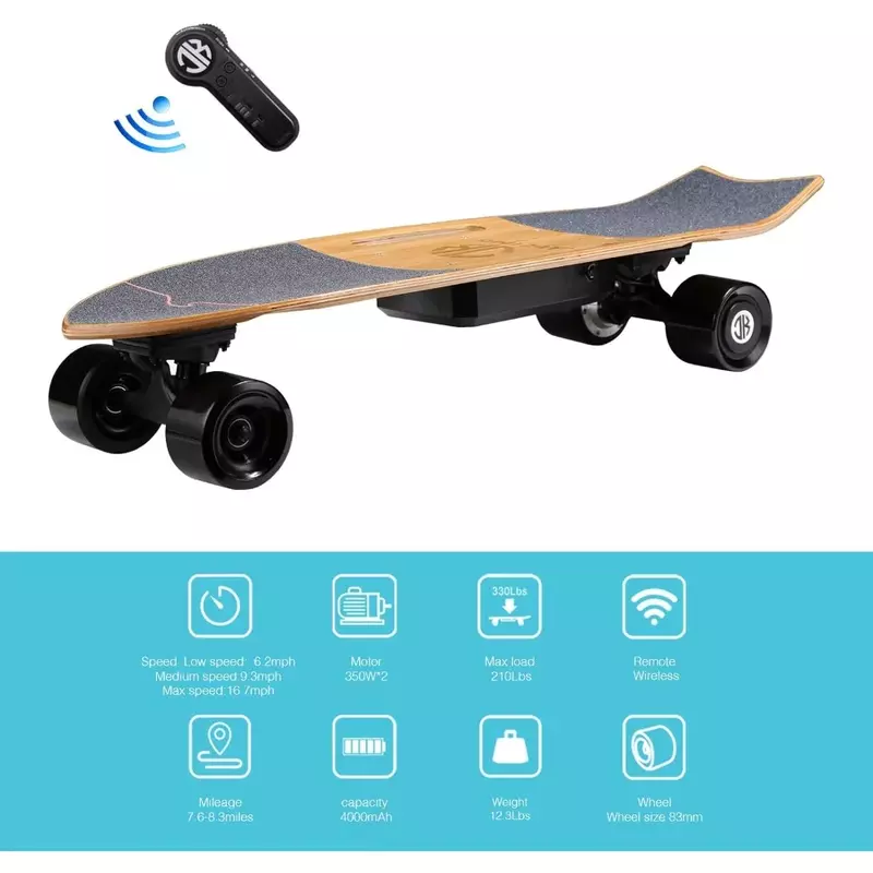 Electric Skateboard Longboard with Remote Control,700W Hub-Motor,16.7MPH ,8.2 Miles Range,3Speeds Adjustment,Electric Skateboard