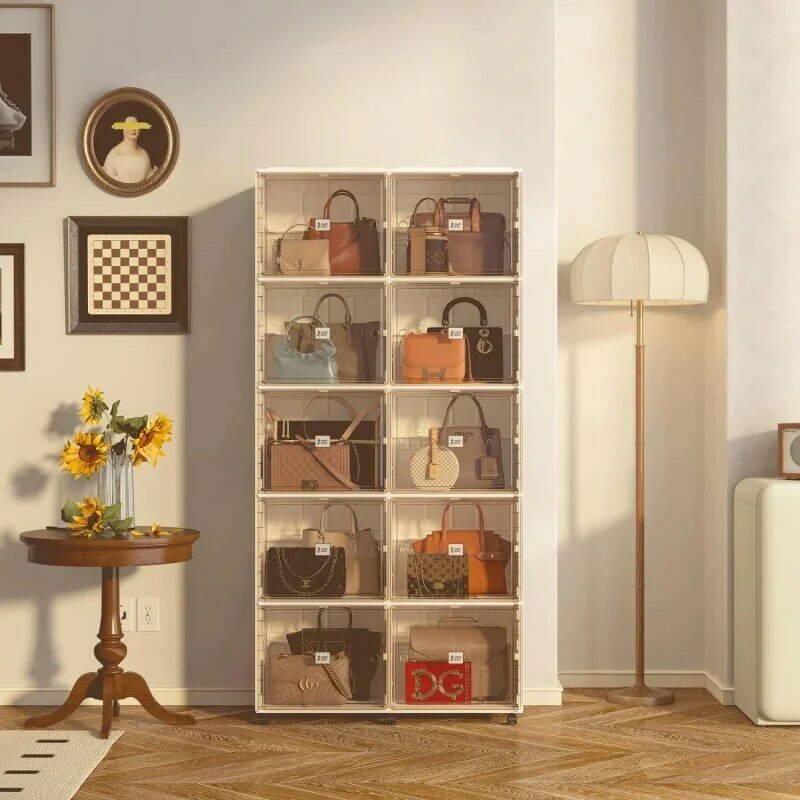 Organizador de almacenamiento de bolsos de 10 cubos para armario, organizador de almacenamiento de monedero, armario de zapatos y botas con puerta magnética y Wh