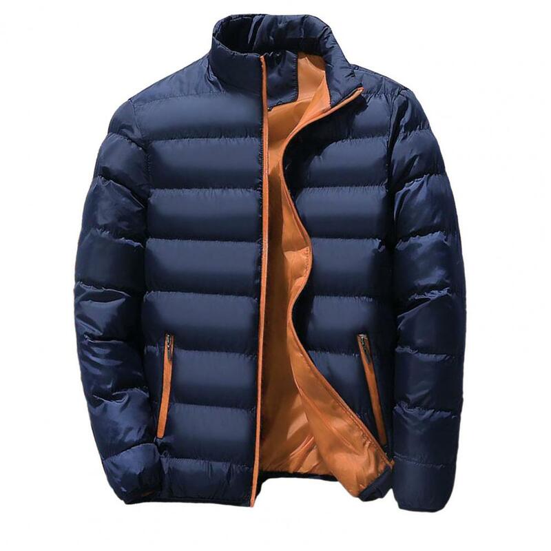 Jaqueta de manga longa à prova de vento para homens, casaco de inverno com estofamento grosso, gola, resistência ao frio, fechamento do zíper, quente