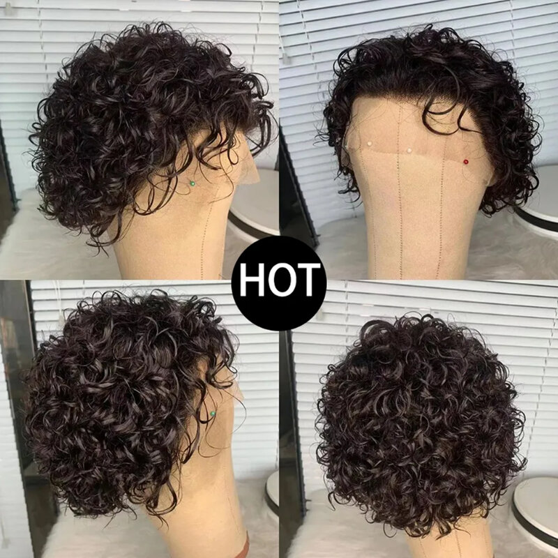 Pixie Cut Wig pendek Bob keriting rambut manusia Wig perruque bresienne murah 13X1 transparan Wig renda air dalam gelombang rambut manusia