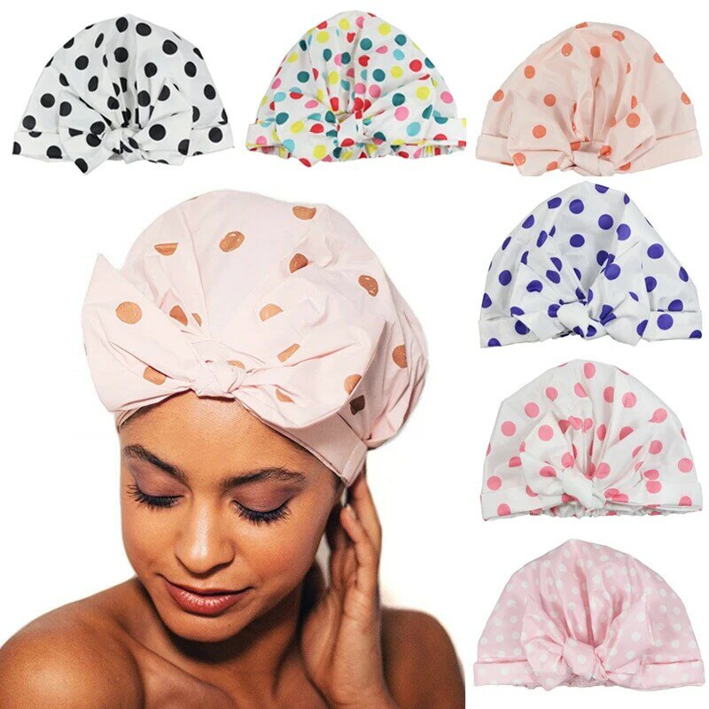 Gorro de ducha impermeable para mujer, gorro de baño a rayas con banda elástica ajustable, elegante, pelo largo y grueso