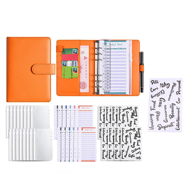 1 Set untuk hemat uang Organizer sistem uang tunai A6 pencari anggaran perencana 6 lubang 8 ritsleting amplop 2 stiker dalam satu dompet NoteBook