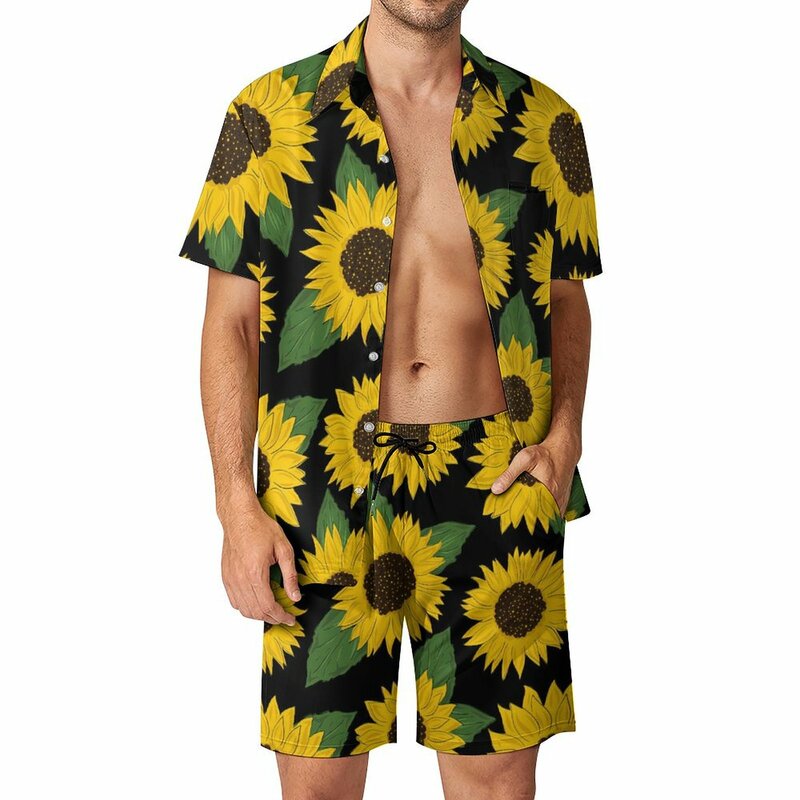 Conjunto de shorts e camisa de manga curta com design floral masculino, padrão girassol e folha, fato de praia, moda casual, verão, tamanho grande, 3XL