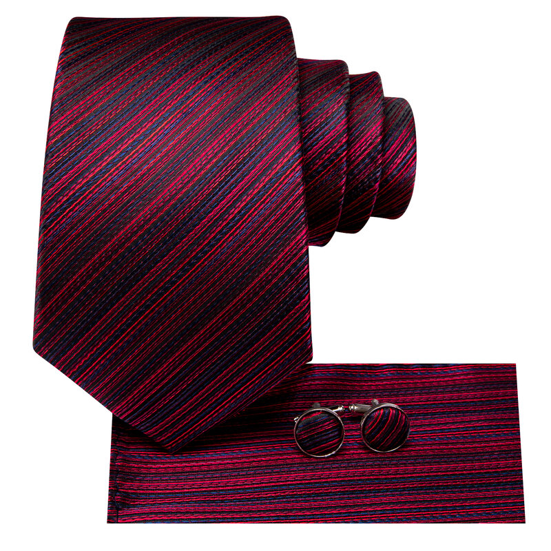 Hi-Tie Burgundy Blue Striped Designer Elegant Men Tie Jacquard Necktie Accessory Cravat Wedding Business Party Hanky Cufflinks