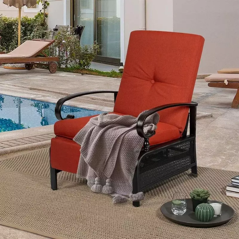 Silla reclinable ajustable para exteriores, sillón de Metal para Patio, relajante, con cojines extraíbles (rojo), muebles de ocio Chaise Longue