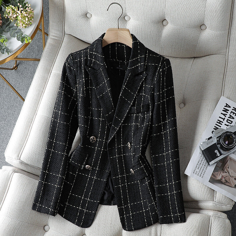 Plaid Blazers Women 2024Fashion Spring Autumn Office Ladies Long Sleeve Coarse Woolen Coats Chic Vintage Double Breasted Blazers