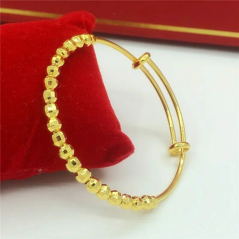 Женский браслет из 18-каратного золота с покрытием 24-каратным золотом 100% пробы, простые позолоченные бусины на удачу, пуш-тянущиеся женские браслеты в Корейском стиле