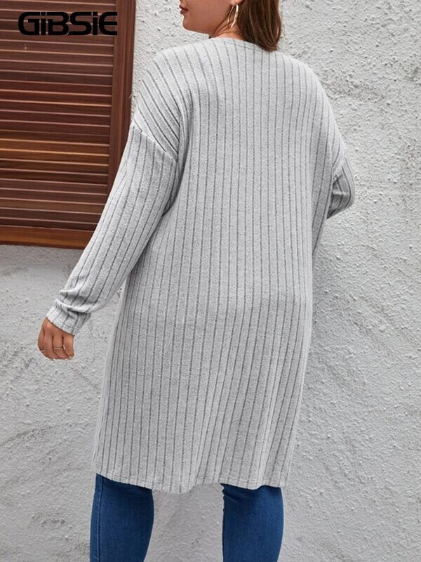 GIBSIE Plus Size Solid Rib Knit Open Front Cardigans Women Spring Autumn Casual Long Sleeve Korean Female Mid-Long Cardigan Coat