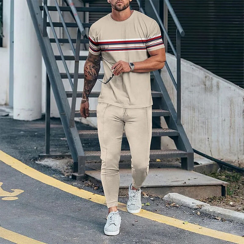 Striped 3D Printed Summer Men Outfit Tracksuit Suits Oversize T Shirt Trousers 2 Piece Casual Street Man Sets Fashion Clothing