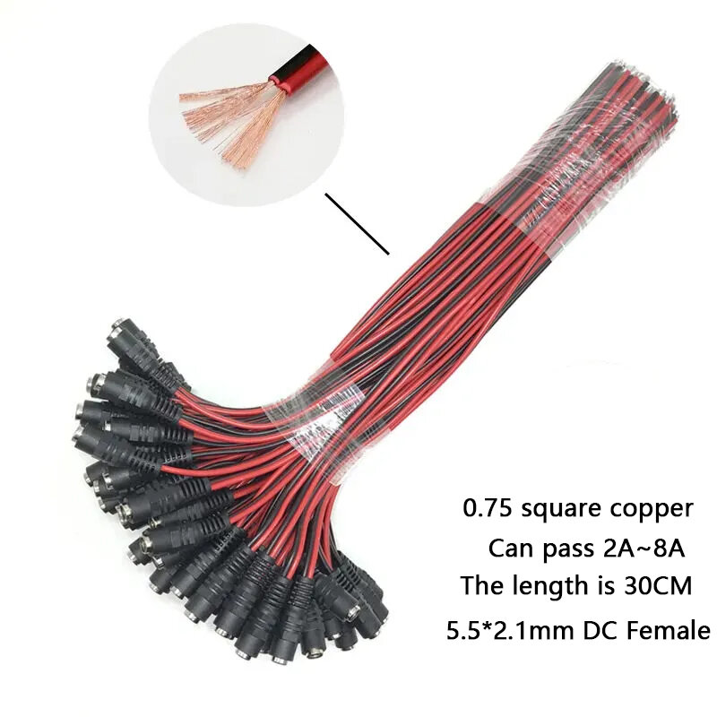 10pcs Male Female DC Power Cable Connector 5.5x2.1mm Plug Wire 2pin Adapter Cable 5.5*2.1mm 2 Pins Jack TV LED Tape Strip Light
