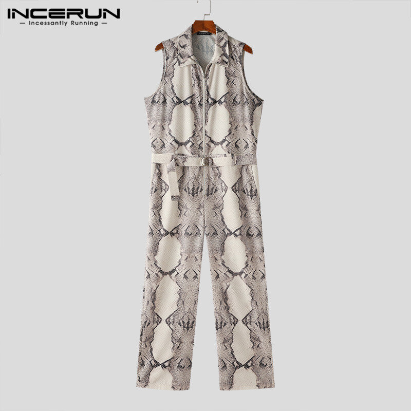 2024 Men Jumpsuits Printing Lapel Sleeveless Zipper Casual Male Rompers Streetwear Fashion Men Overalls With Belt S-5XL INCERUN