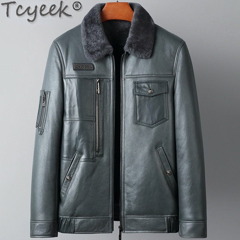 Tcyeek-天然のシープスキンの毛皮のコート,男性用の本物の革のジャケット,ウールのラペルの襟,短い服,冬