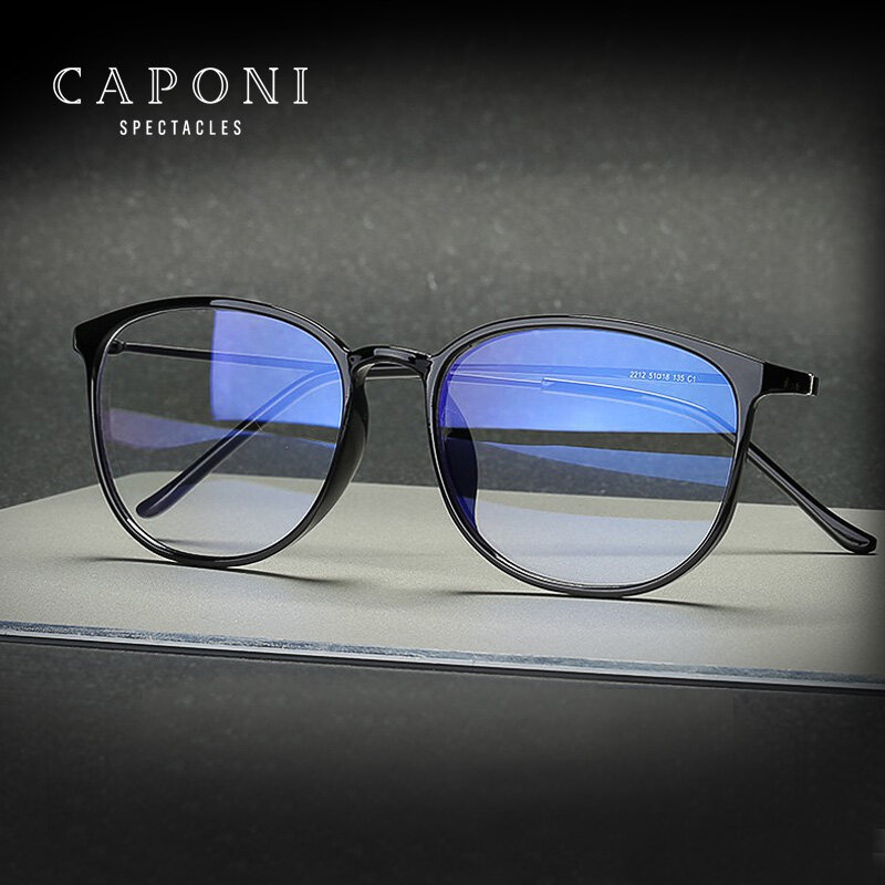 CAPONI Super Light Weight Glasses Men Blue Light Blocking Computer Eyeglasses Oval Frame TR-90 Titanium Spectacles UV400 JF520