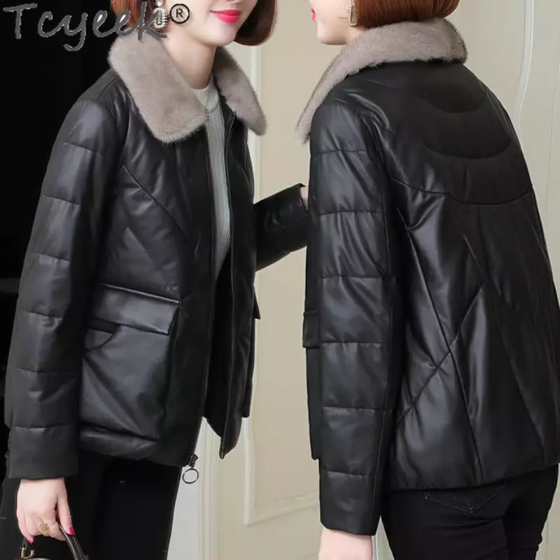 Tcyeek Genuine Leather Jacket Sheepskin Warm Puffer Jacket Women Clothes Black Mink Fur Collar Short Winter Coat Manteau Femme