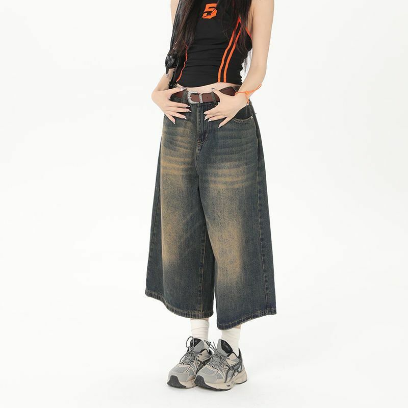 Retro Wide Leg Cropped Jeans for Women Loose Fitting Summer New Slimming Straight Leg Washed Denim Shorts for Men and Women