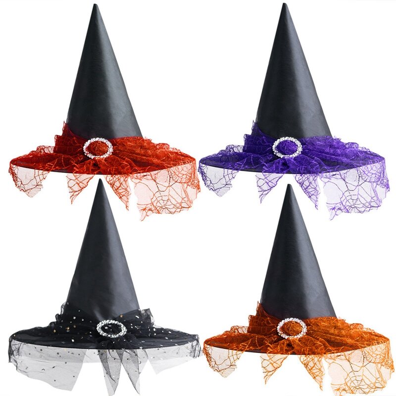 Topi penyihir Vintage Halloween anak dewasa topi penyihir kerudung renda properti Cosplay Halloween aksesori perlengkapan pesta