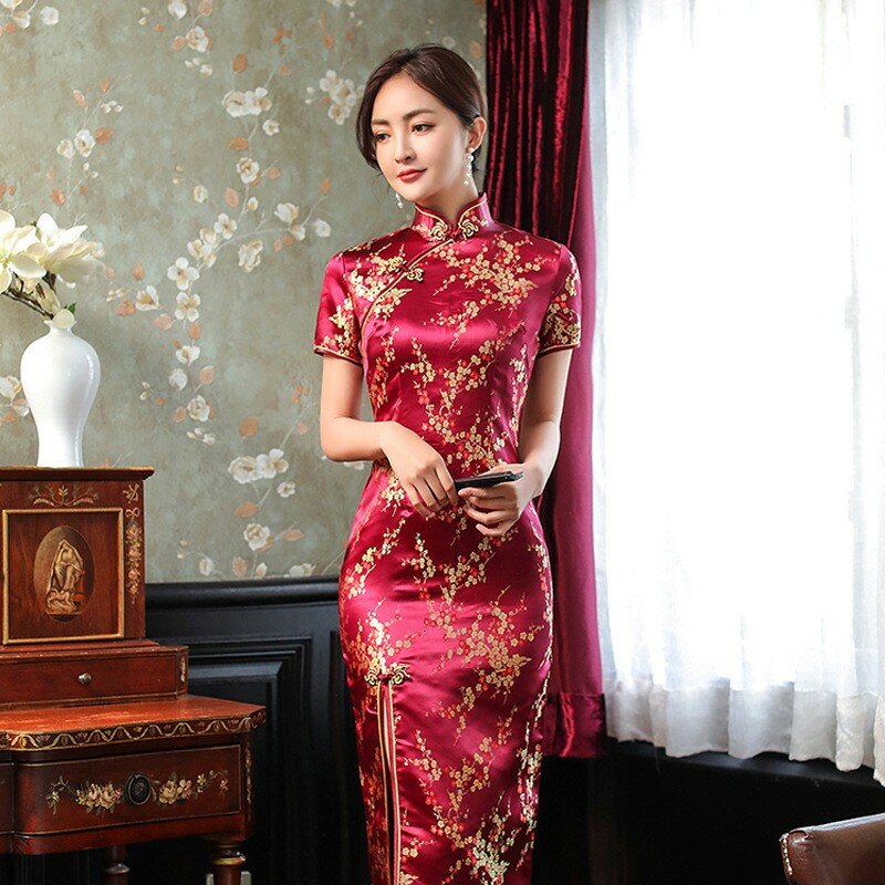 Tradicional chinês longo qipao elegante clássico feminino cheongsam plus size flor cetim vestido chinês sexy magro dividir vestidos 4xl