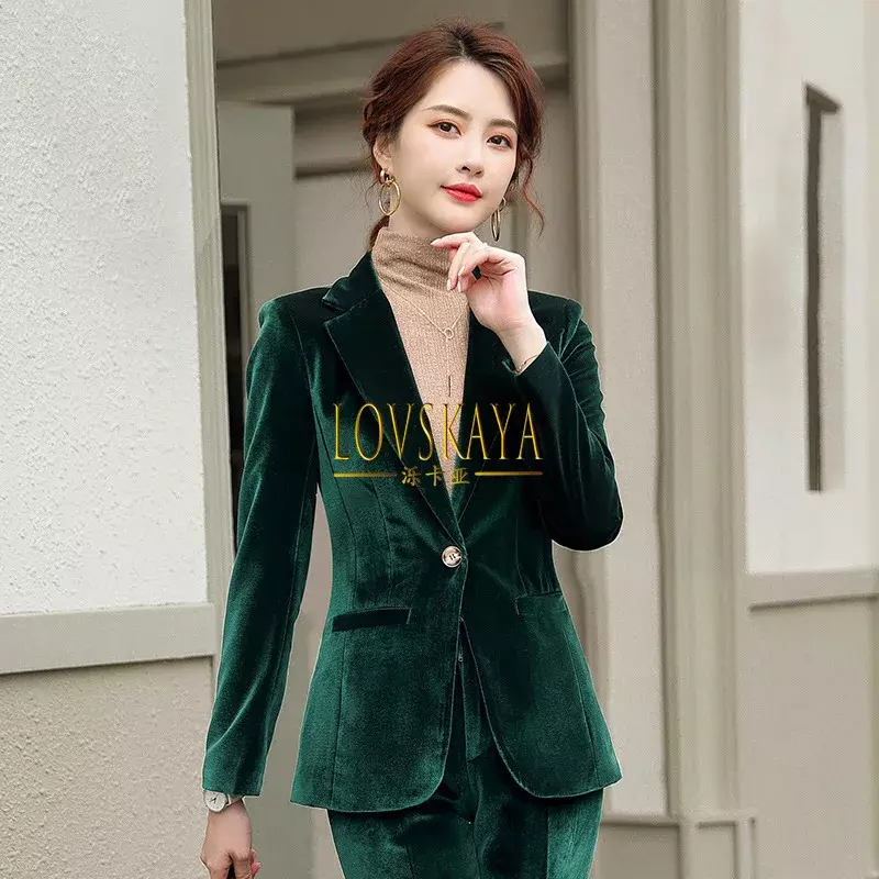 Conjunto de terno de veludo dourado feminino, jaqueta manga comprida, top temperamento profissional, outono e inverno