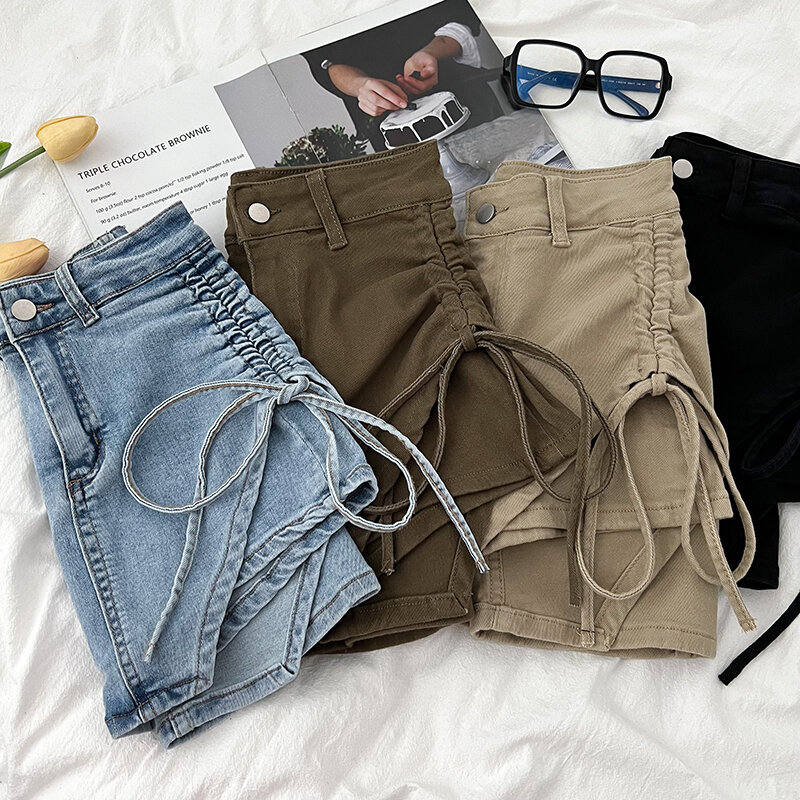 Jeans Skirts Fashionable and versatile design pleated drawstring high waist slimming denim skirt hip for women Faldas Clothes