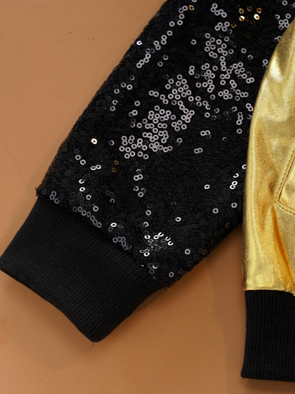 Kostum Tari Jalanan Hip-Hop Anak Perempuan Mantel Jaket Ritsleting Payet Berkilau Lengan Panjang Musim Semi Musim Gugur + Celana Metalik untuk Penampilan