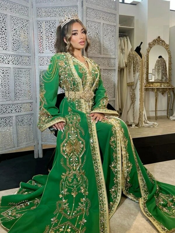 Exquisitos vestidos De noche con cuello en V para mujer, apliques marroquíes, línea A, vestido De novia con cuentas, vestido largo hasta el suelo