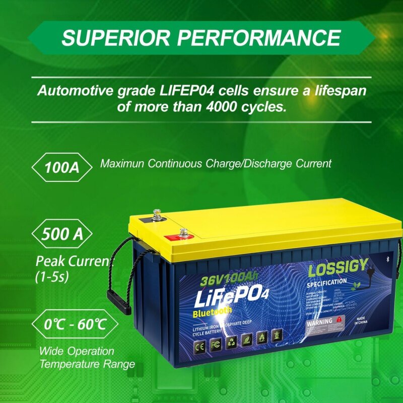 LOSSIGY-Batterie au lithium Bluetooth veFePO4, 36V, 100Ah, BMS 100A intégré, courant Patricia 500A, durée de vie de 10 ans, parfaite pour voiturette de golf