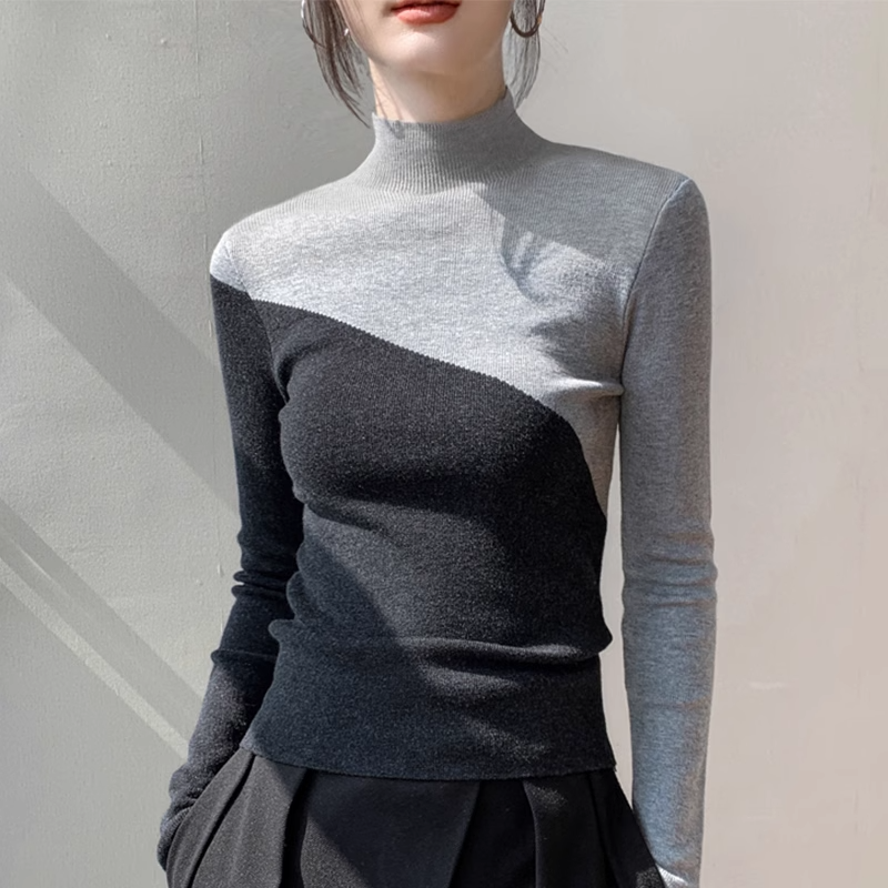 Sommer Büro Dame Retro koreanischen Stil lose lässige Pullover elegante Mode Stricken solide Spleißen Roll kragen pullover Langarm Tops