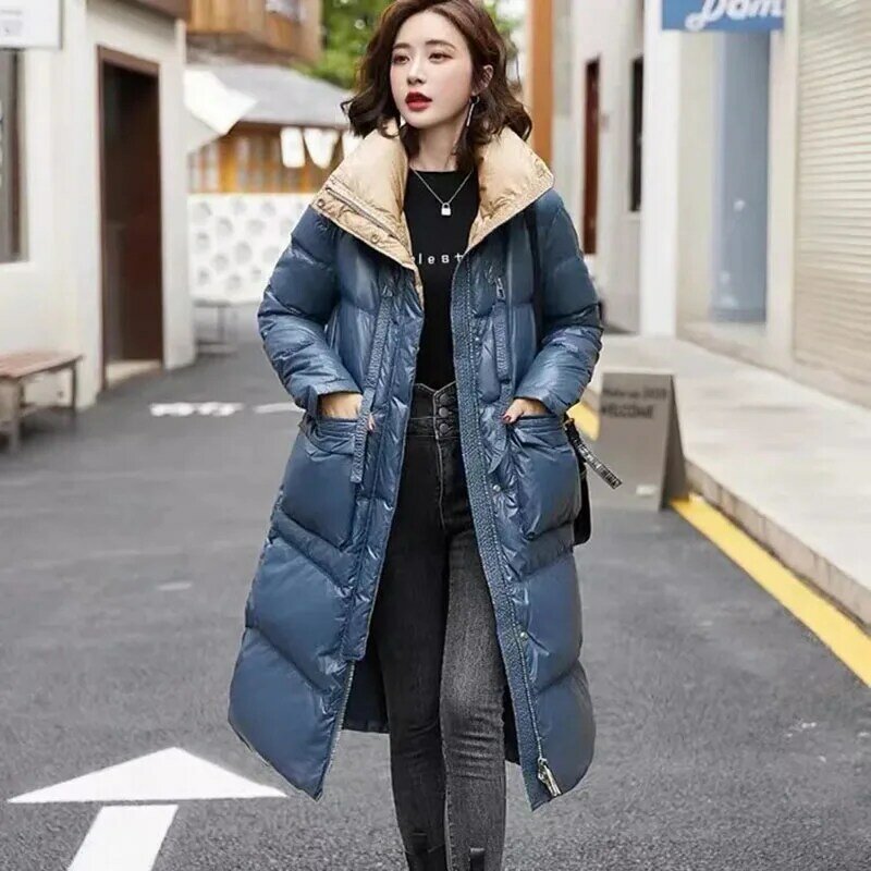 Nuovo piumino da donna doppio colletto alla coreana colore piumino invernale freddo caldo cappotto femminile coreano lungo 90% piumino d'oca bianco