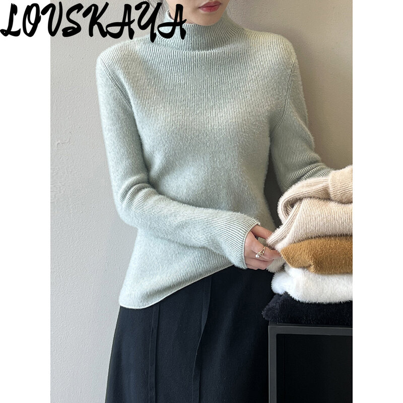 女性の厚手のニットセーター、暖かくてタイトなフィット感、ボトムトップ、柔らかく粘着性のある、模造ミンクの毛皮、ハーフハイネック、冬