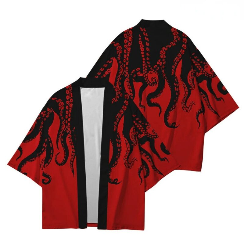 Cárdigan holgado con estampado de pulpo para hombre y mujer, ropa de calle japonesa, Harajuku Haori Kimono, Top de Cosplay, camisas Yukata, moda japonesa