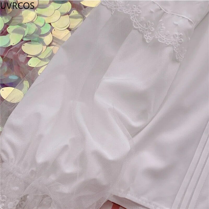 Camisa Lolita de manga comprida feminina, colarinho Peter Pan, plissado com renda, branca, elegante, estilo formal, blusas JK, fofas