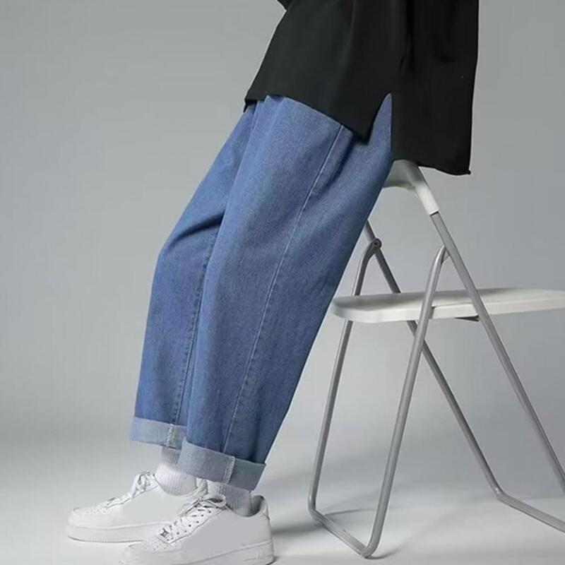 Calças jeans confortáveis masculinas, perna larga bordada vintage, streetwear elegante, tecido macio e respirável, hop