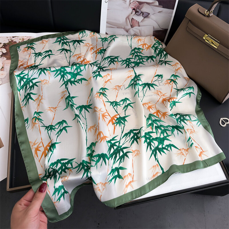 Women Summer 70X70cm Big Square Scarf Decoration Silk Scarf Leaf Print Scarf Kerchief Popular Silk Scarves Bandanna Suit Scarf