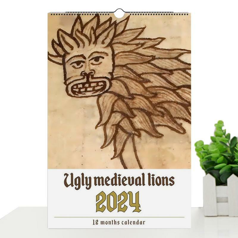 Calendario de pared de León, regalo creativo y divertido, escenas medievales extrañas, papel grueso, Animal diario, 2024