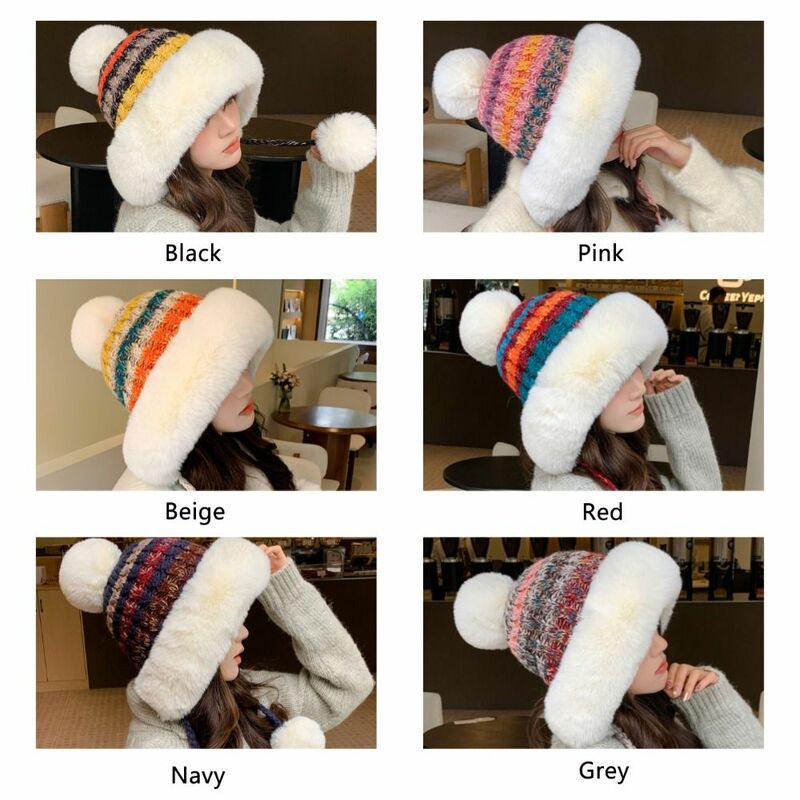 المرأة القطيفة محبوك قبعة حماية الأذن ، قبعة دلو ، سميكة ، رقيق ، قوس قزح ، الصوف ، الدافئة ، لينة ، الشتاء