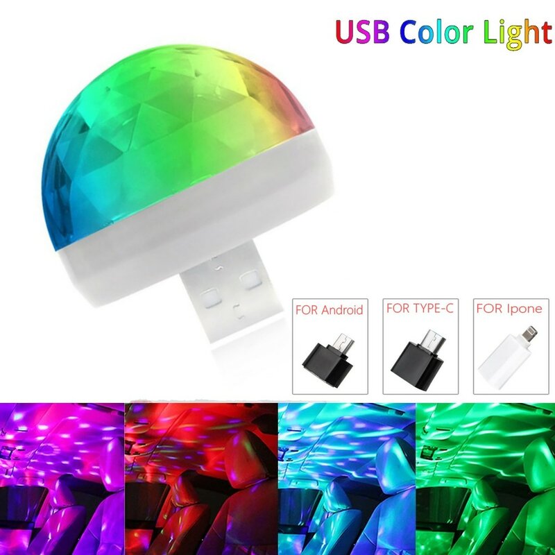 Led 애플 USB 자동차 USB 앰비언트 라이트 DJ RGB 미니 다채로운 음악 사운드 인터페이스, 휴일 파티 분위기 인테리어 돔 트렁크 램프