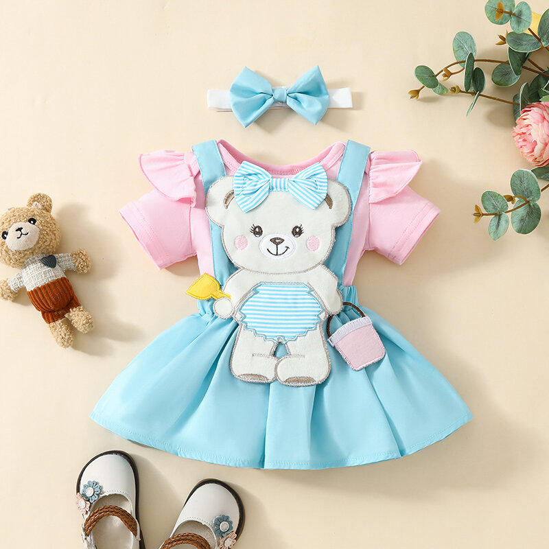 Niemowlęta dziewczynki sukienka zestaw pajacyk dziecięcy z krótkim rękawem niedźwiedzia sukienka na szelkach opaska strój na lato
