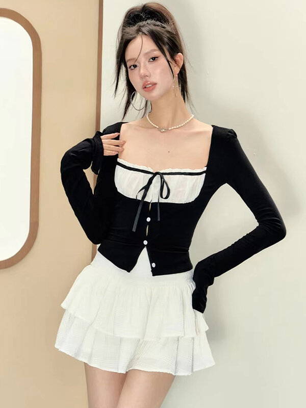 2023 kobiet koreańskich modnych strojów Y2k 2-częściowy zestaw z długim rękawem kwadratowy kołnierzyk seksowne topy Gyaru + Mini Tide spódnice z falbankami