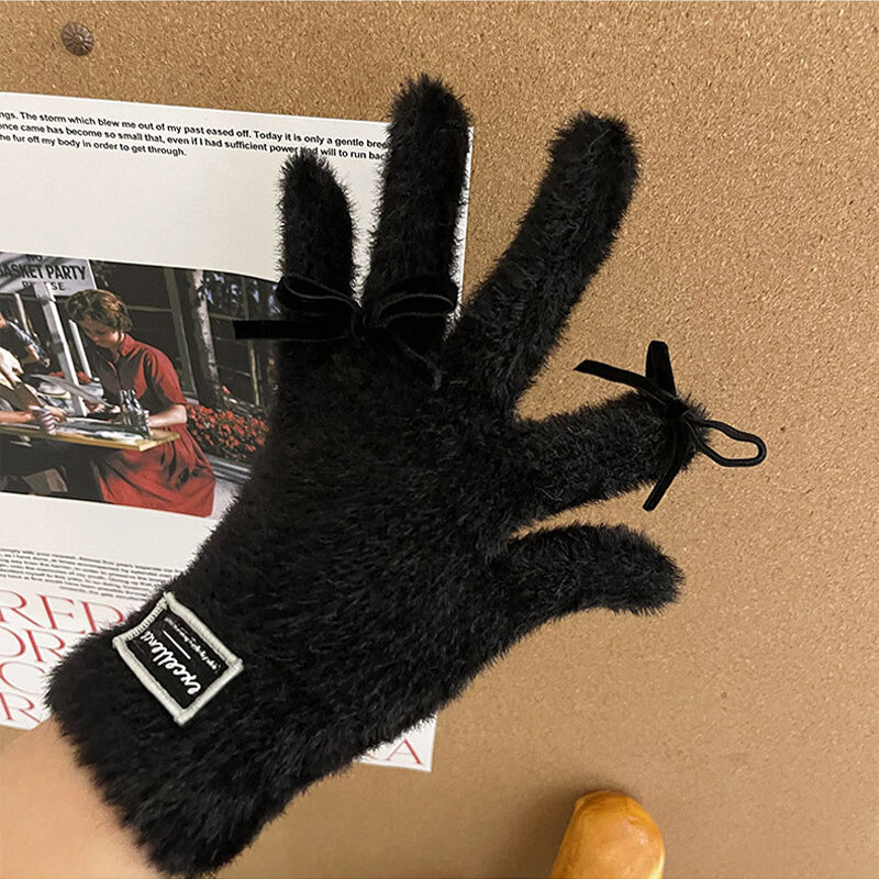 Y2K Lolita kokardka damskie dziewczęce Kawaii futrzane pogrubione rękawiczki z pełnym ekranem dotykowym rękawiczki kaszmirowe miękkie futro z norek szydełkowe rękawiczki
