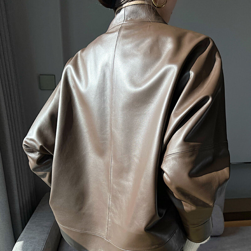 Damskie kurtki z prawdziwej skóry V-Neck solidne wiatroszczelne krótkie płaszcze moda Streetwear eleganckie 2022 nowa jesienna zima AEL4935