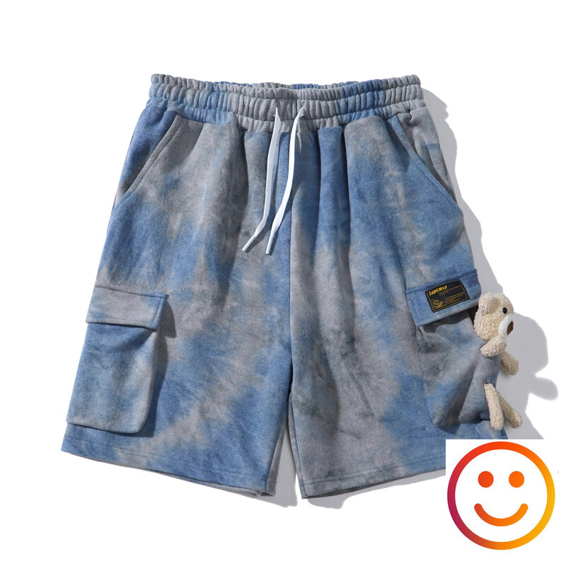 Tie-Dye Drawstring Shorts Pocket with Bear Cargo Shortpant Men Women Summer