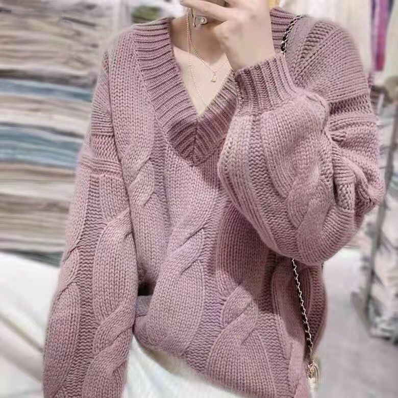 Sweater wanita lengan panjang, pakaian wanita Korea, blus atasan lengan panjang, baju rajut, leher V, longgar, musim gugur, baru, 2023