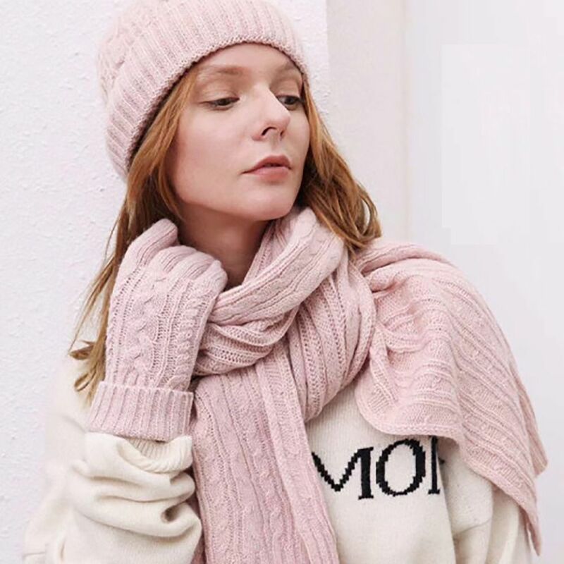Conjunto de guantes de lana para mujer, gorro de lana, bufanda, tejido, pantalla táctil, color sólido, cálido, invierno
