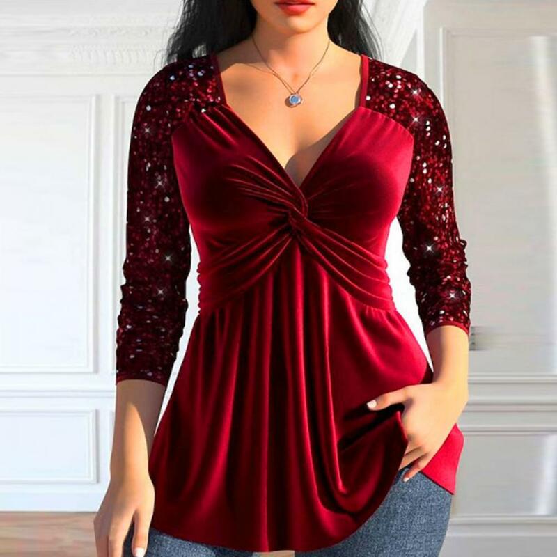Solid Color Blouse Elegant V-neck Sequin Blouse for Women Long Sleeve Knot Design Party Tops with Loose Hem Luxurious Solid